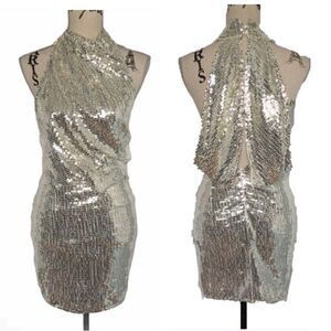 ASOS Sequin Embellished High Neck Open Back Draped Mini Dress in Silver Womens 6